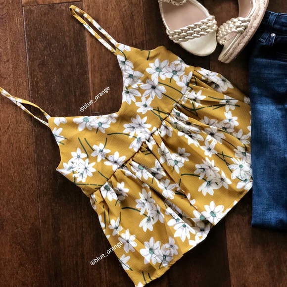 MUSTARD FLORAL PRINTED SPAGHETTI STRAP BABYDOLL TOP - Picture 3 of 8